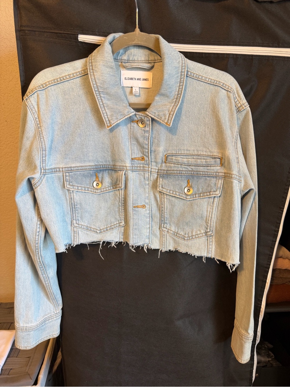 Elizabeth and James Cropped Light Blue Denim Jacket with Frayed Hem